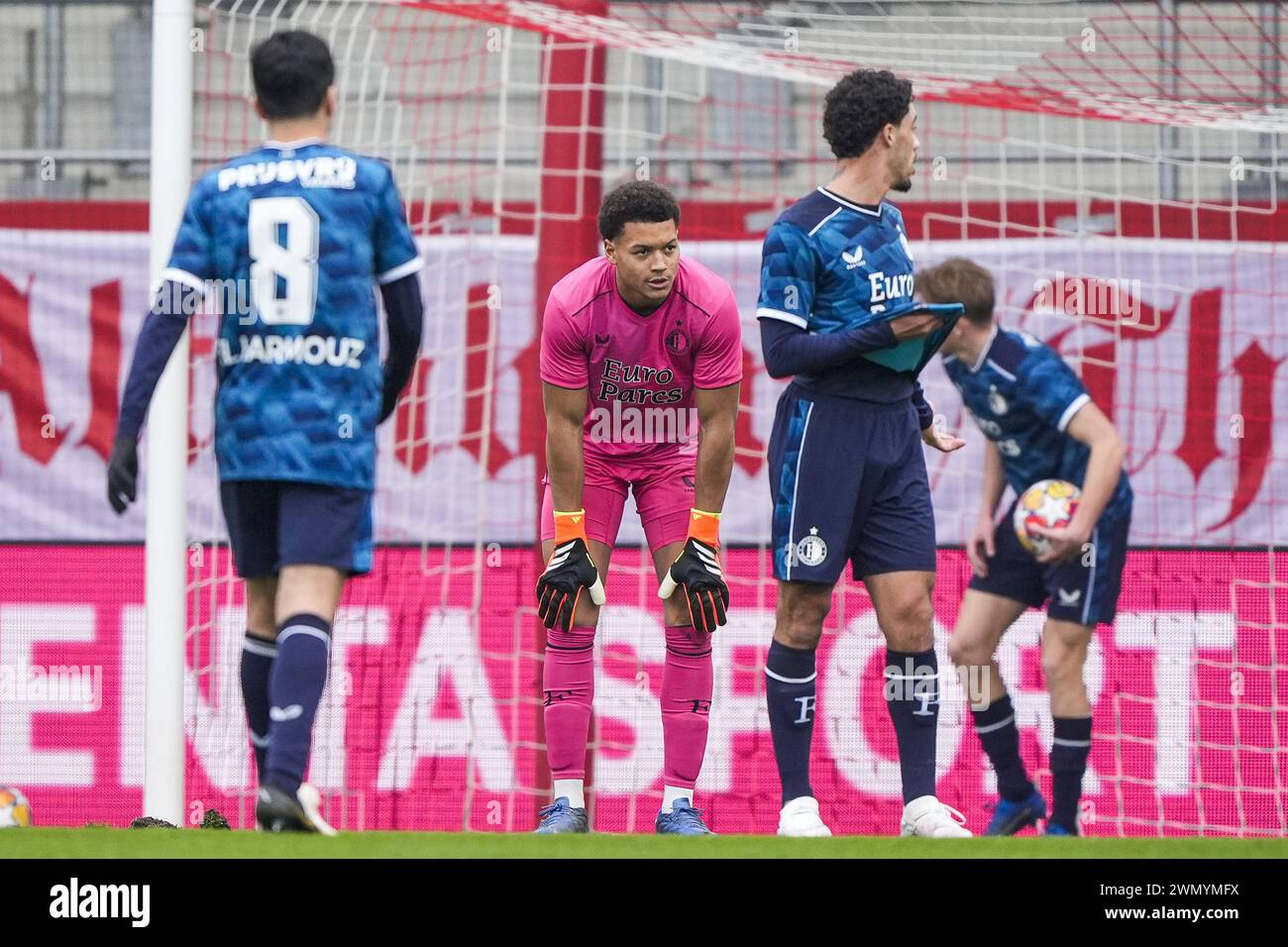 Munich, Germany. 28th Feb, 2024. Munich - Feyenoord O19 goalkeeper Ismail Ka reacts to the 2-0 during the round of 16 of the UEFA Youth League between Bayern Munchen O19 v Feyenoord O19 at FC Bayern Campus on 28 February 2024 in Munich, Germany. Credit: box to box pictures/Alamy Live News Stock Photo