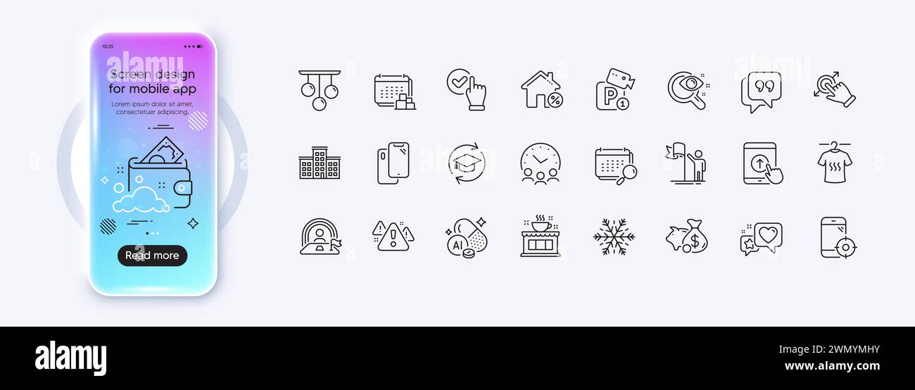 Air conditioning, Calendar and Checkbox line icons for web app. Pictogram icon. Phone mockup gradient screen. Vector Stock Vector