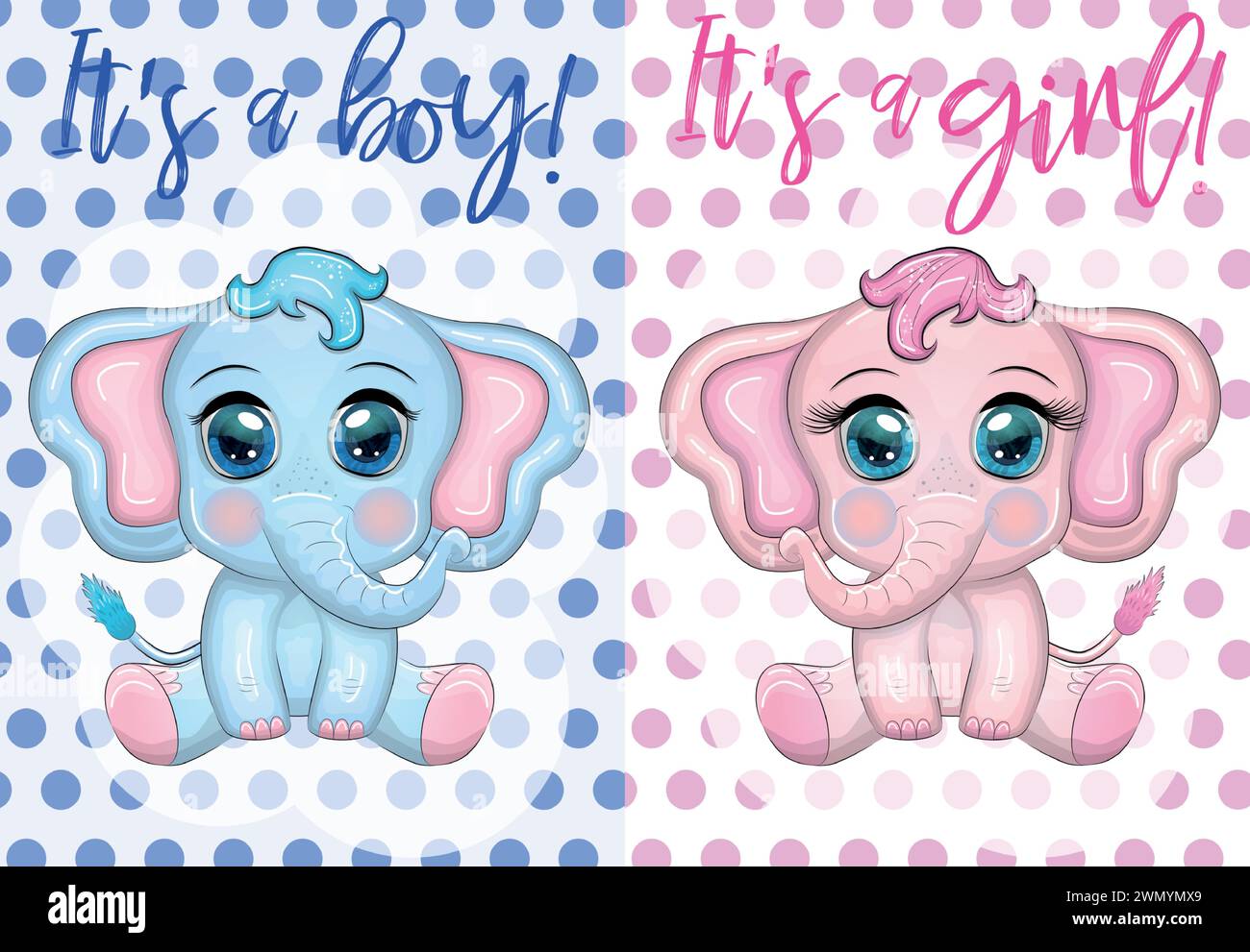 Baby Shower greeting card with Cute Elephant boy and girl with ...