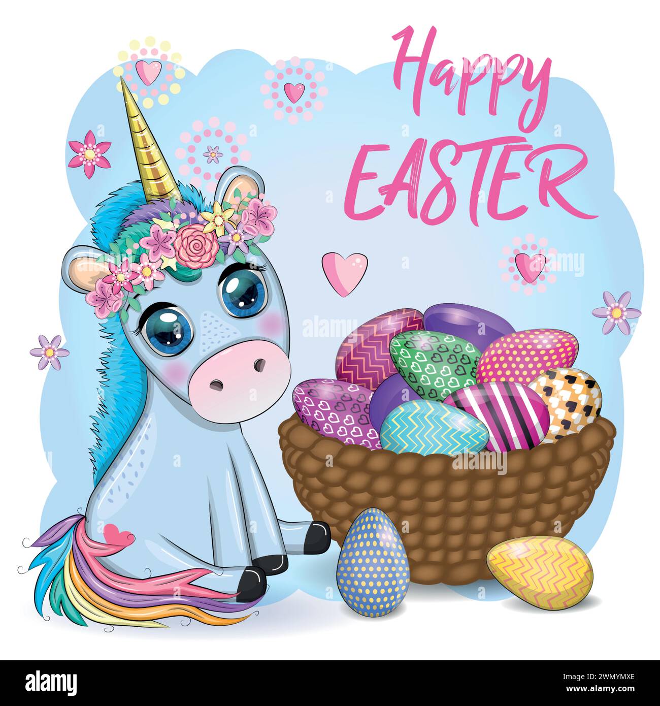 Easter unicorn cartoon character with easter egg, postcard Stock Vector ...
