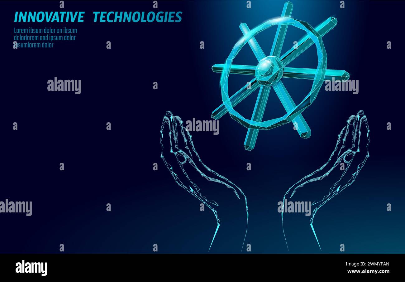 Wheel helm computer developer app concept. Business digital open source program. Data coding steering 3D low polygonal vector line illustration. Stock Vector