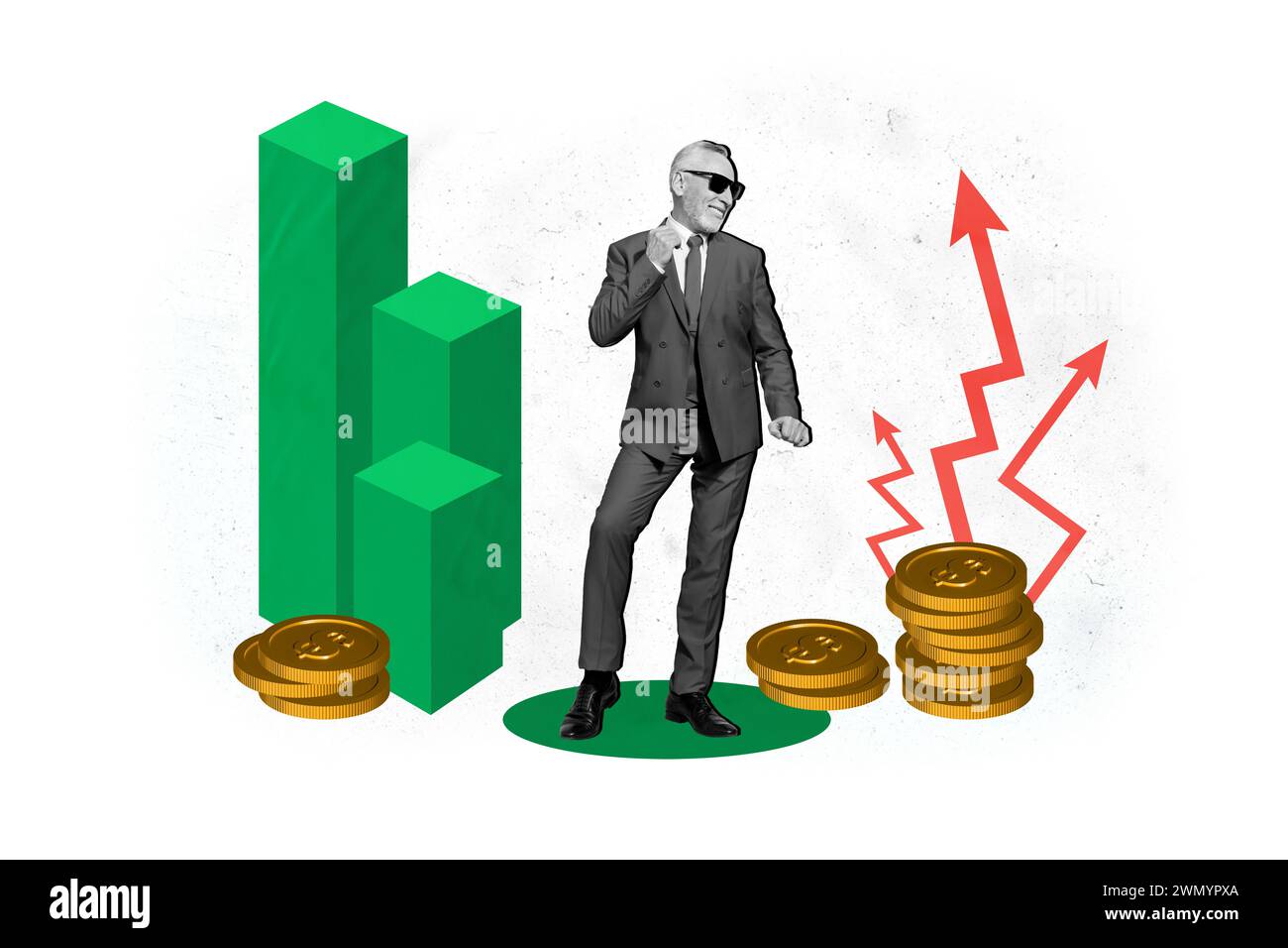 Composite graphics collage image of old happy man dance luck profit ...