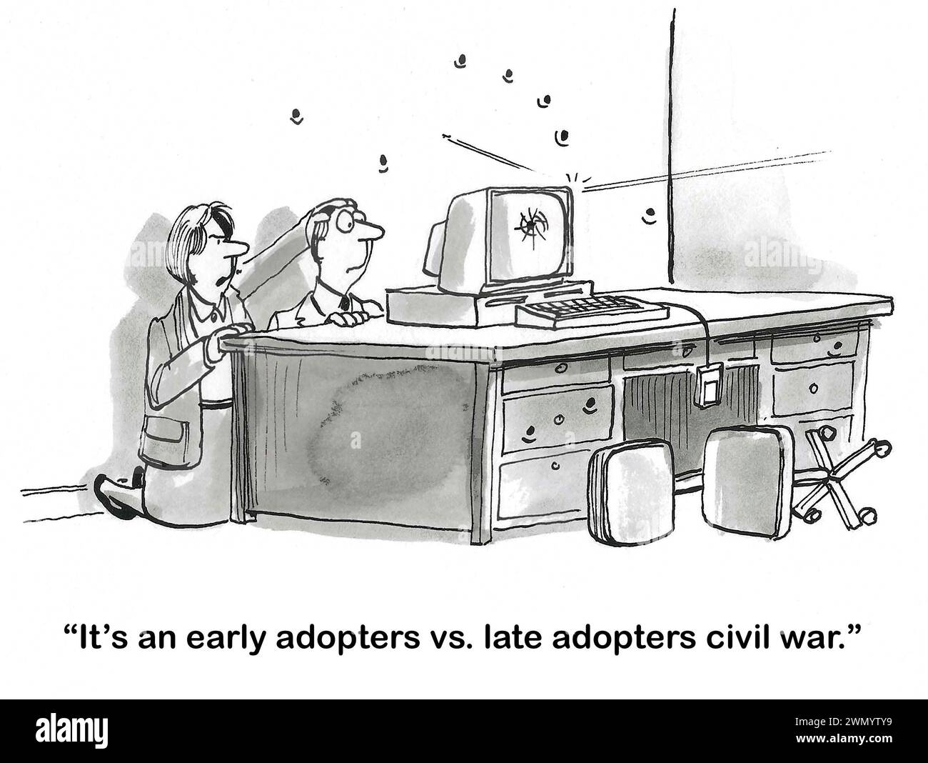 BW cartoon of early adopters and late adopters shooting at each other Stock Photo Alamy