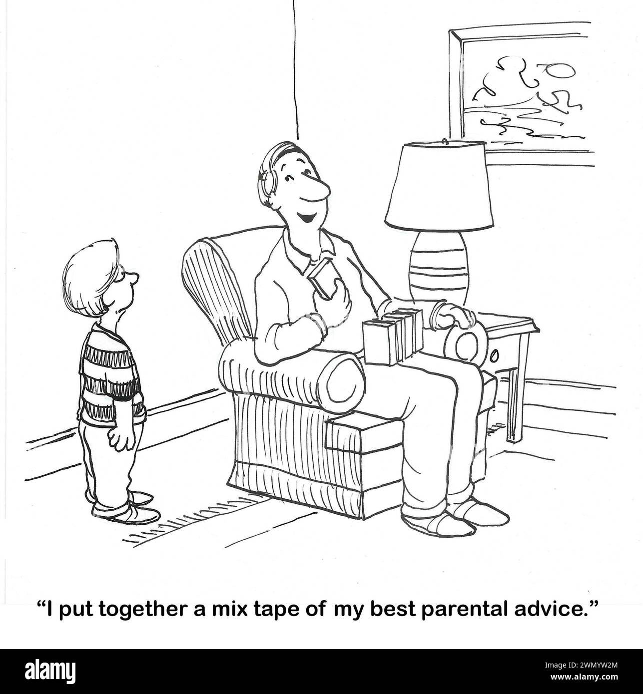 BW cartoon of a father handing his son a mix tape of his 'best parental advice'. Stock Photo
