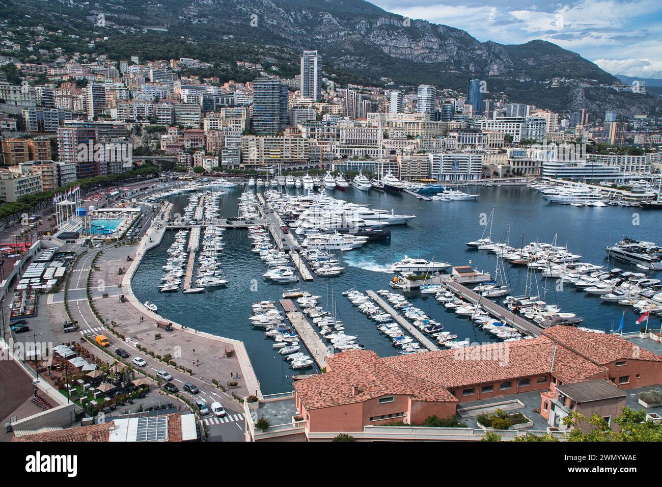 Monte Carlo,Monaco- August 3,2021: A beautiful panoramic view of bay in Monte Carlo in Monaco part of the famous French riviera lined with super luxur Stock Photo
