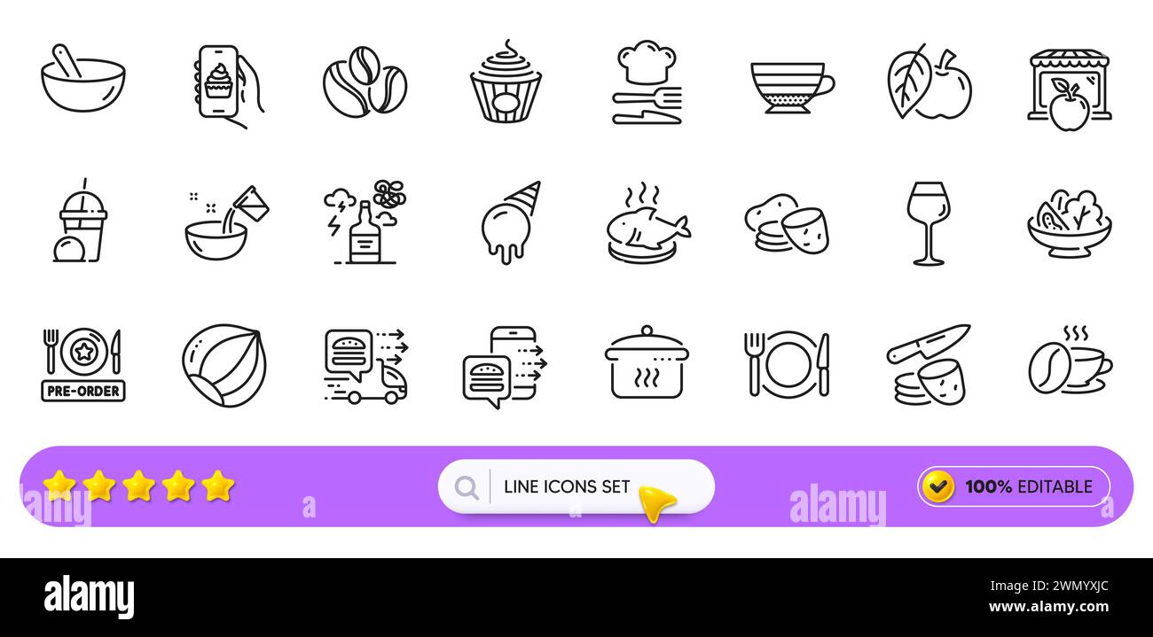 Alcohol addiction, Ice cream milkshake and Ice cream line icons for web app. Pictogram icon. Line icons. Vector Stock Vector