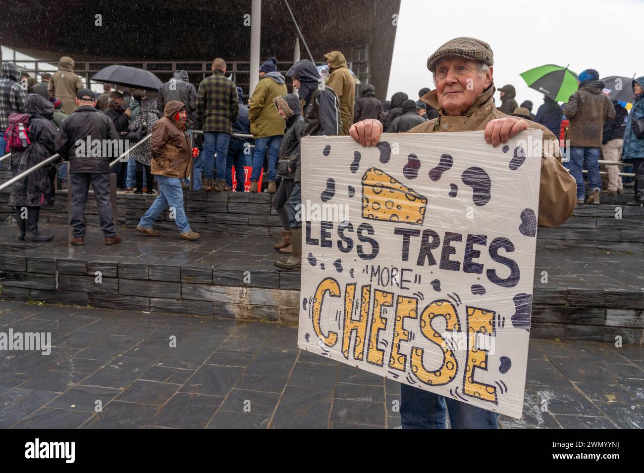 Cardiff, Wales. UK. 28th February, 2024. Welsh farmers gather outside the Senedd in Cardiff Bay in protest against planned changes to farming subsidies, Cardiff, Wales. UK. Credit: Haydn Denman/Alamy Live News. Stock Photo