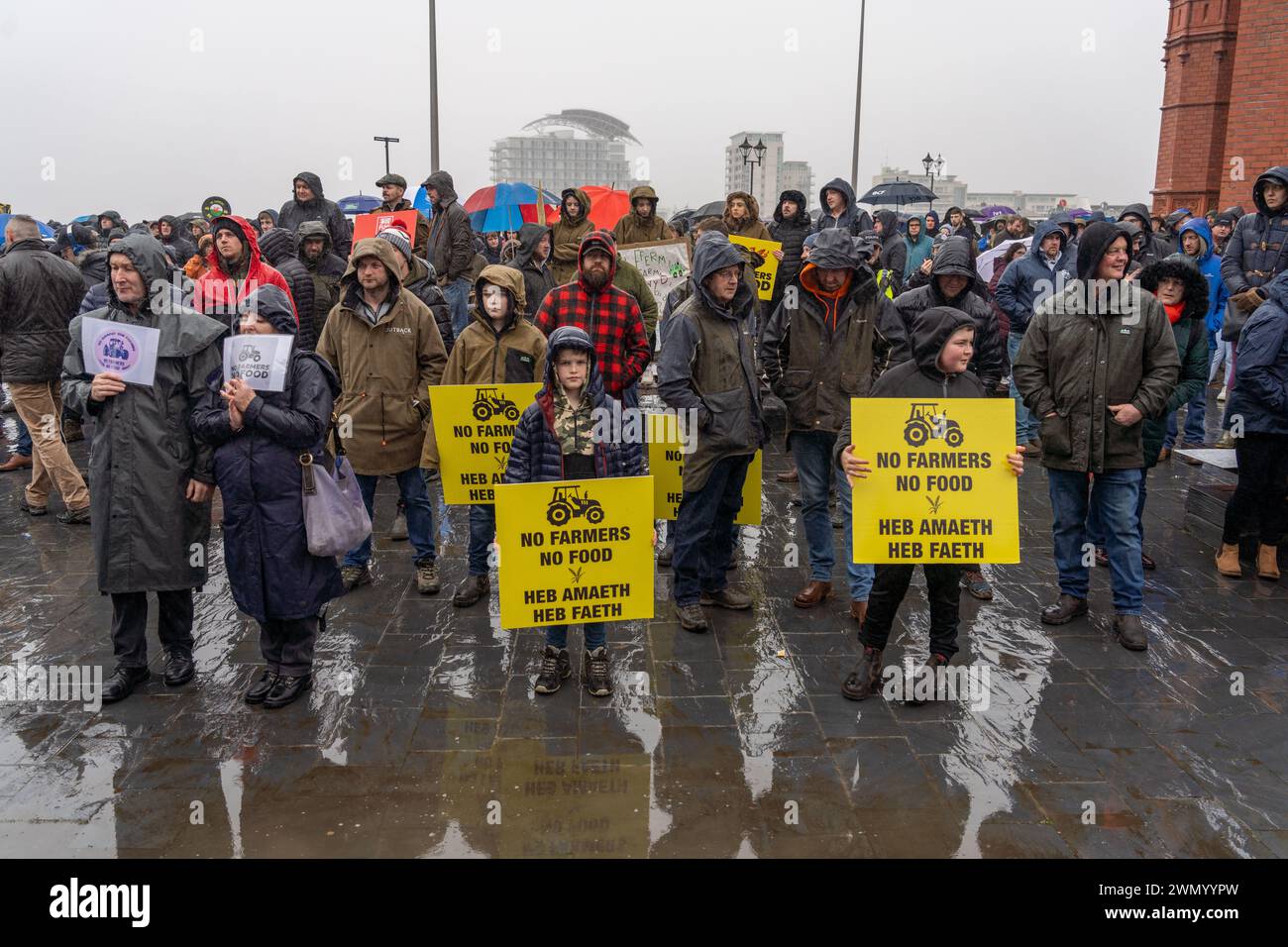 Cardiff, Wales. UK. 28th February, 2024. Welsh farmers gather outside the Senedd in Cardiff Bay in protest against planned changes to farming subsidies, Cardiff, Wales. UK. Credit: Haydn Denman/Alamy Live News. Stock Photo