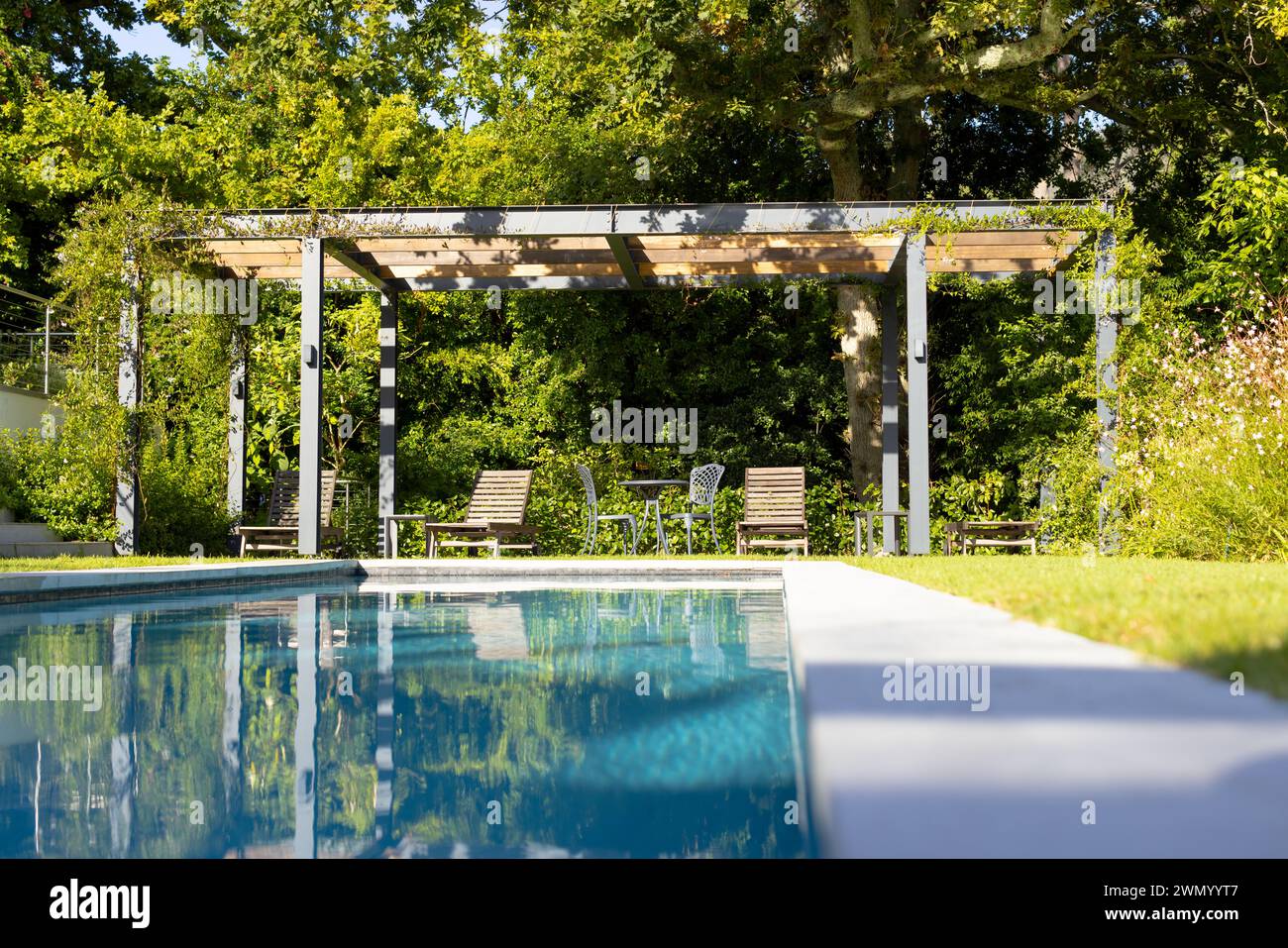 Three lounge chairs sit under a pergola by a swimming pool, with copy space Stock Photo