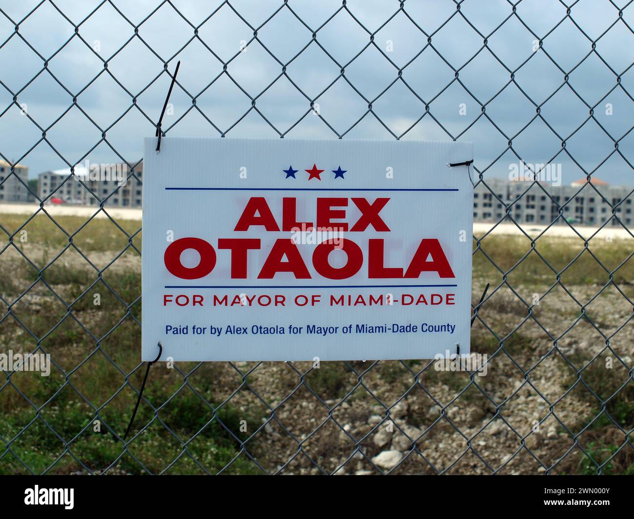 Miami, Florida, United States - February 24, 2024: Political sign campaign of Alex Otaola for mayor of Miami-Dade. Stock Photo