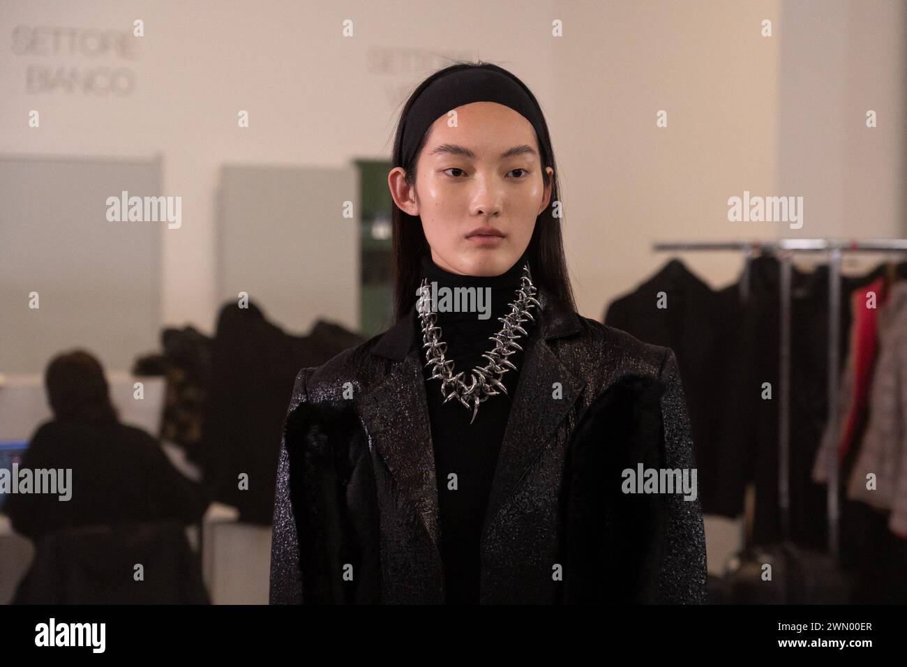A model is seen all set for the Maison Yoshiki Paris Fashion Show