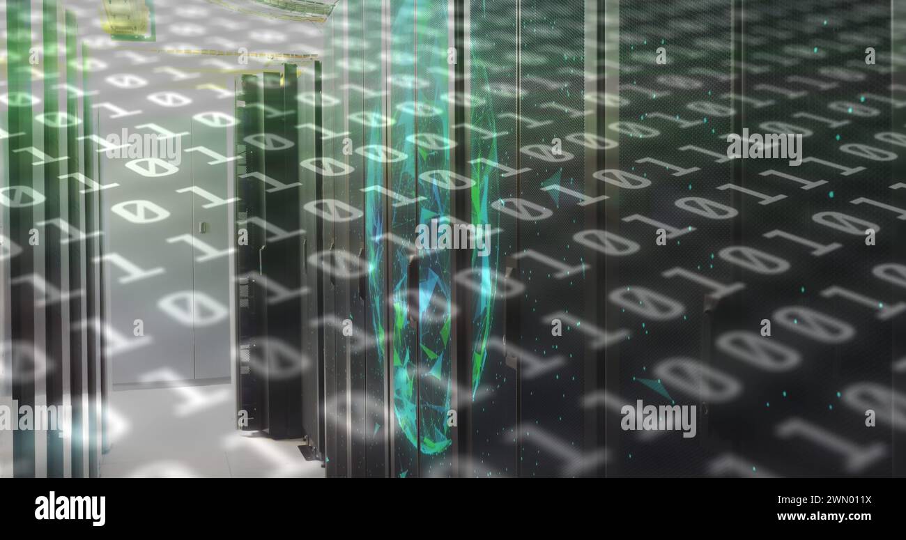 Image of binary code and shapes over servers Stock Photo - Alamy