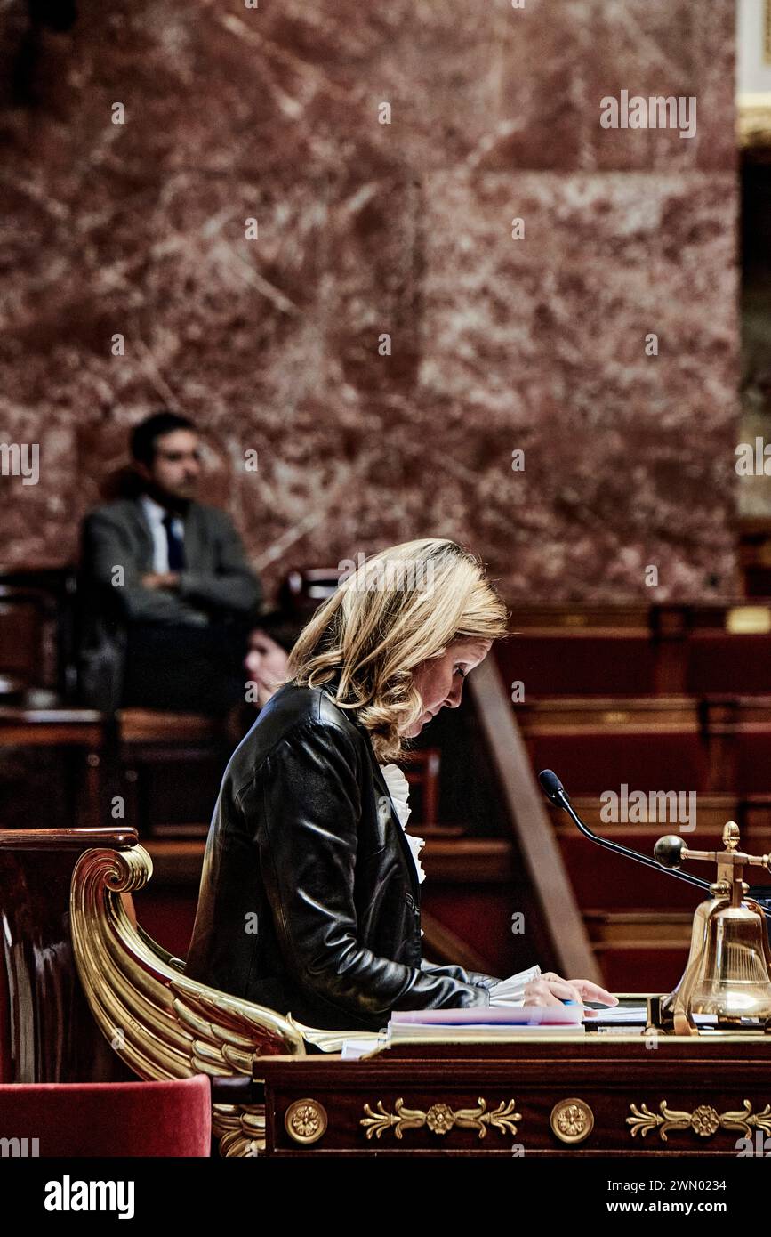 Paris, France. 27th Feb, 2024. Antonin Burat/Le Pictorium - Session of questions to the Government of February 27, 2024, at French National Assembly - 27/02/2024 - France/Paris - National Assembly President Yael Braun-Pivet, during the session of questions to the government of February 27, 2024, in the French National Assembly. Credit: LE PICTORIUM/Alamy Live News Stock Photo
