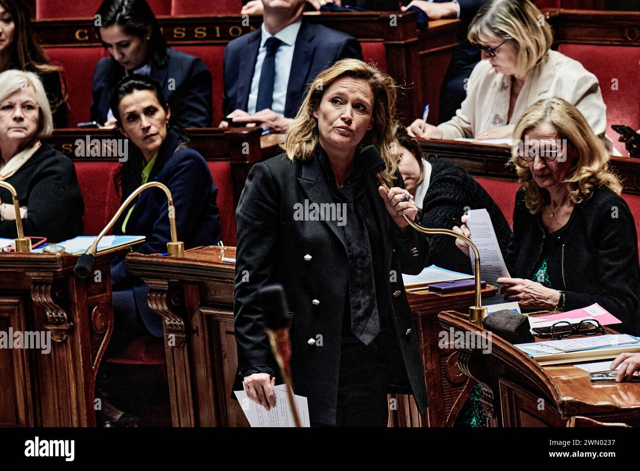 Paris, France. 27th Feb, 2024. Antonin Burat/Le Pictorium - Session of questions to the Government of February 27, 2024, at French National Assembly - 27/02/2024 - France/Paris - Minister Delegate for Enterprises, Tourism and Consumer Affairs Olivia Gregoire answers MPs during the session of questions to the government of February 27, 2024, in the French National Assembly. Credit: LE PICTORIUM/Alamy Live News Stock Photo