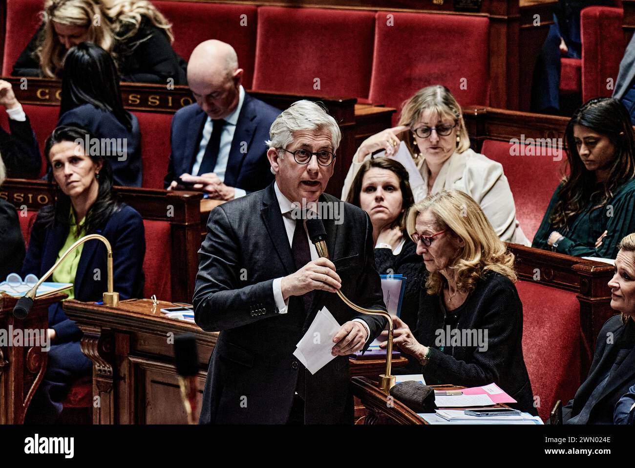 Paris, France. 27th Feb, 2024. Antonin Burat/Le Pictorium - Session of questions to the Government of February 27, 2024, at French National Assembly - 27/02/2024 - France/Paris - Minister Delegate for Health and Prevention Frederic Valletoux answers MPs during the session of questions to the government of February 27, 2024, in the French National Assembly. Credit: LE PICTORIUM/Alamy Live News Stock Photo