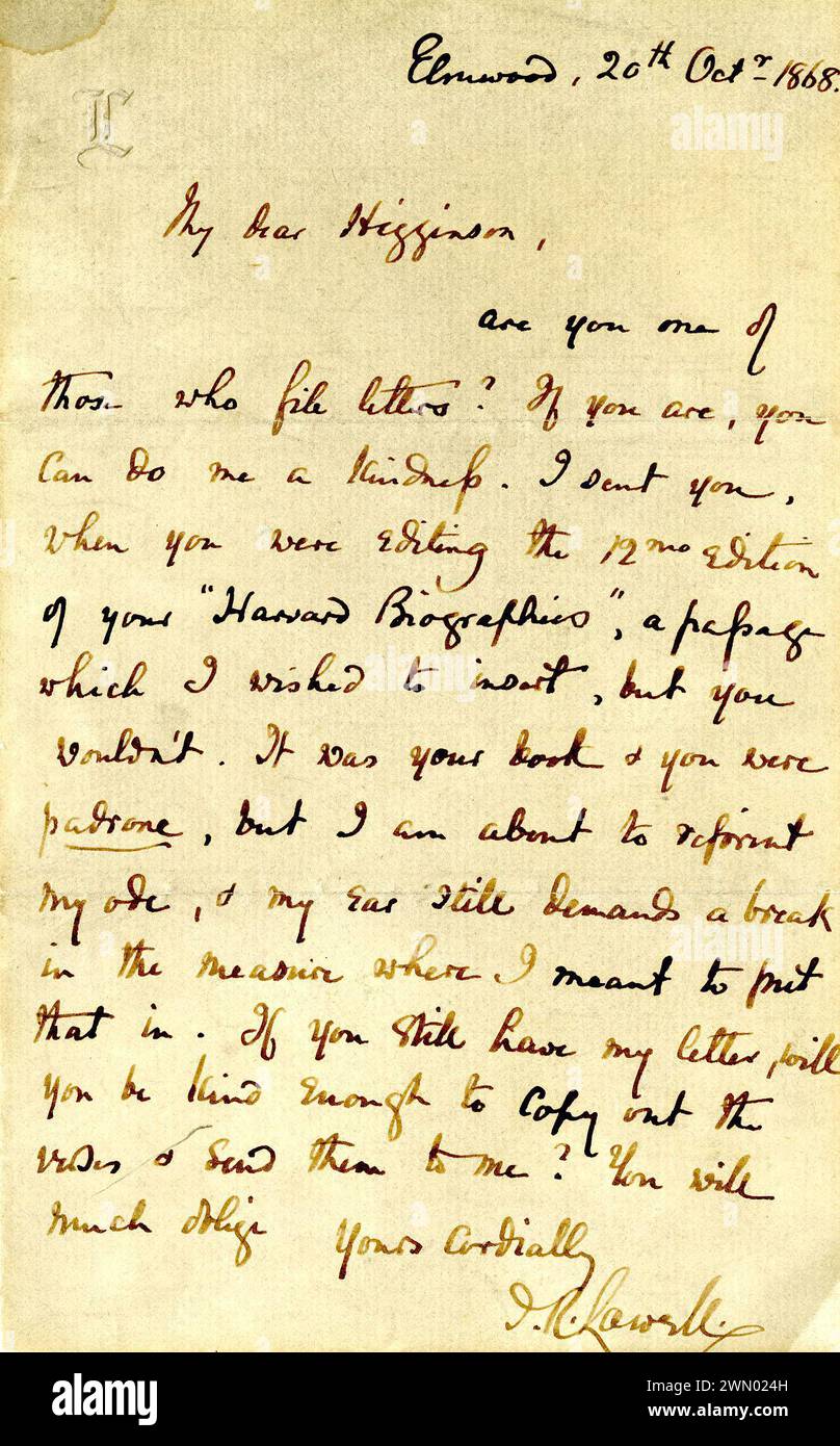 Handwritten letter from James Russell Lowell, 1868 October 20 ...
