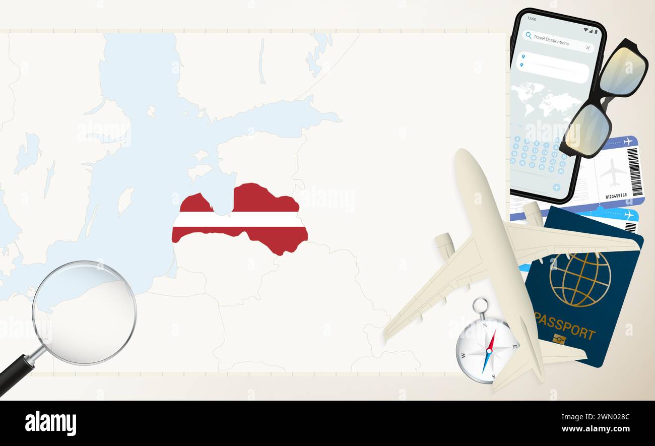 Latvia map and flag, cargo plane on the detailed map of Latvia with flag, passport, magnifying glass and airplane. Vector template. Stock Vector