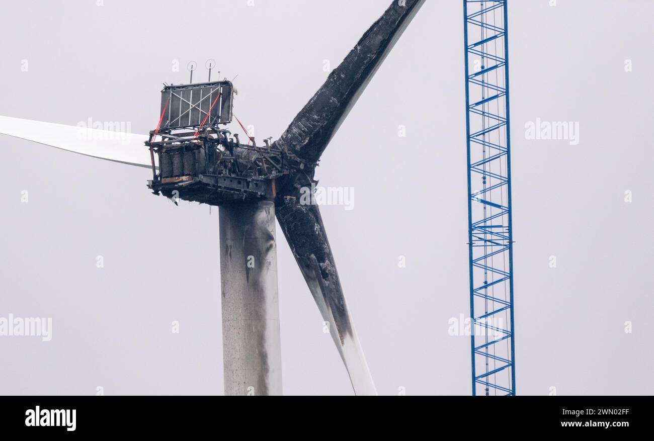 Greifswald, Germany. 28th Feb, 2024. A crane is set up on a wind turbine to dismantle the wind turbine near Greifswald that was destroyed by fire. On Tuesday (23.01.2023), a wind turbine near Greifswald caught fire. The fire department had to let the nacelle burn down in a controlled manner. According to the police, technical defects were the cause. Credit: Stefan Sauer/dpa/Alamy Live News Stock Photo