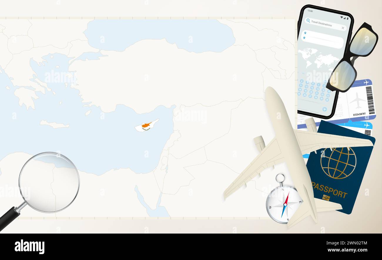 Cyprus map and flag, cargo plane on the detailed map of Cyprus with flag, passport, magnifying glass and airplane. Vector template. Stock Vector