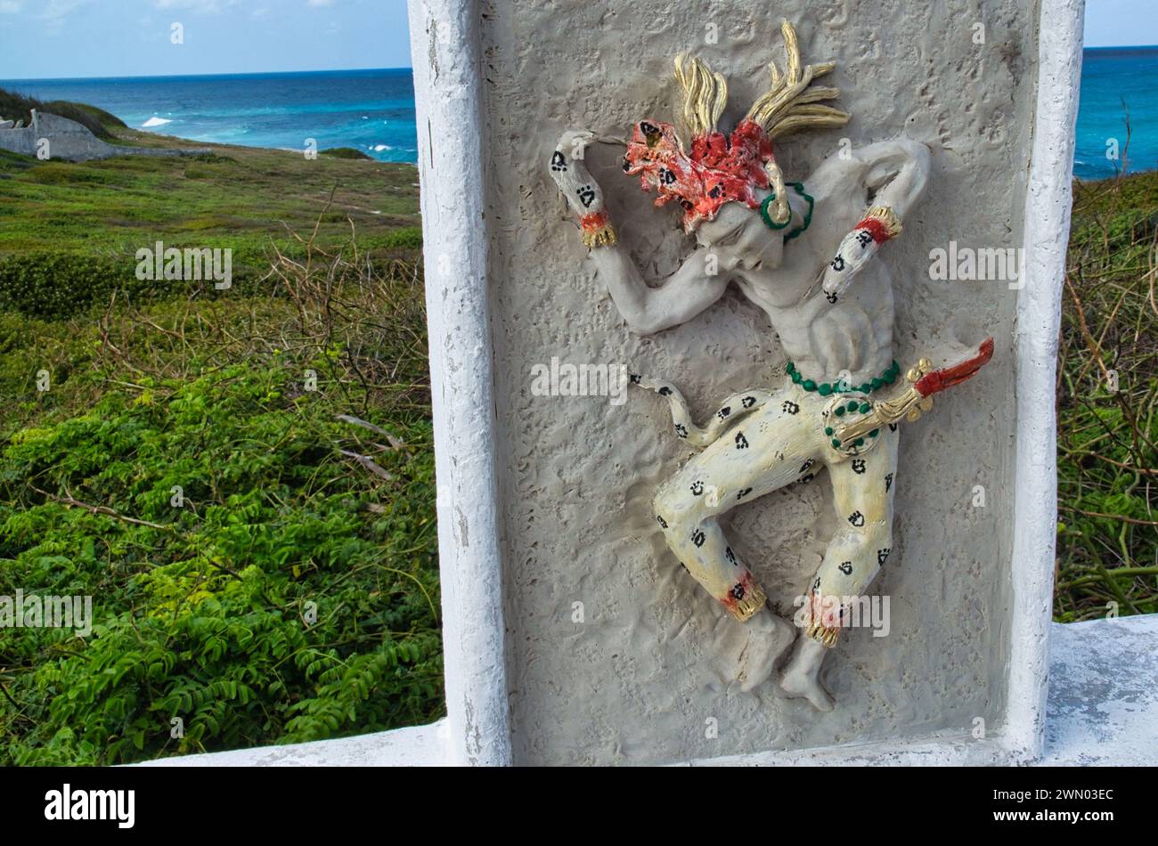 Isla Mujeres Mexico on february 20, 2016. View of a sculpture of a Mayan man on Isla Mujeres in Mexico. Stock Photo