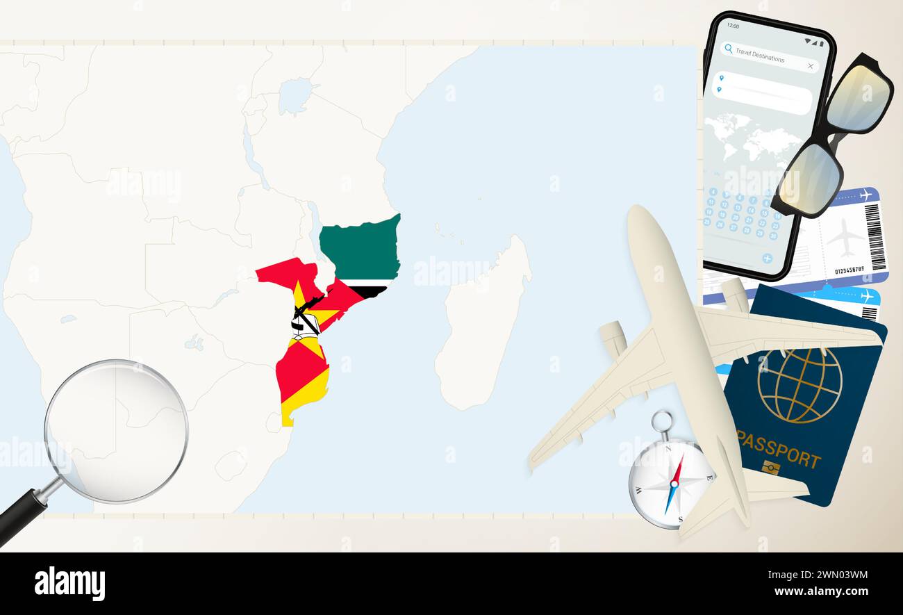 Mozambique map and flag, cargo plane on the detailed map of Mozambique with flag, passport, magnifying glass and airplane. Vector template. Stock Vector