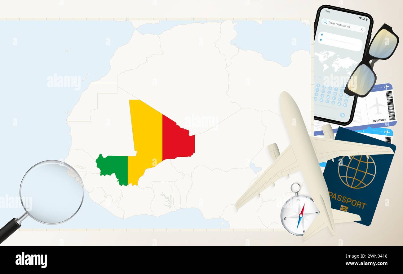 Mali map and flag, cargo plane on the detailed map of Mali with flag, passport, magnifying glass and airplane. Vector template. Stock Vector