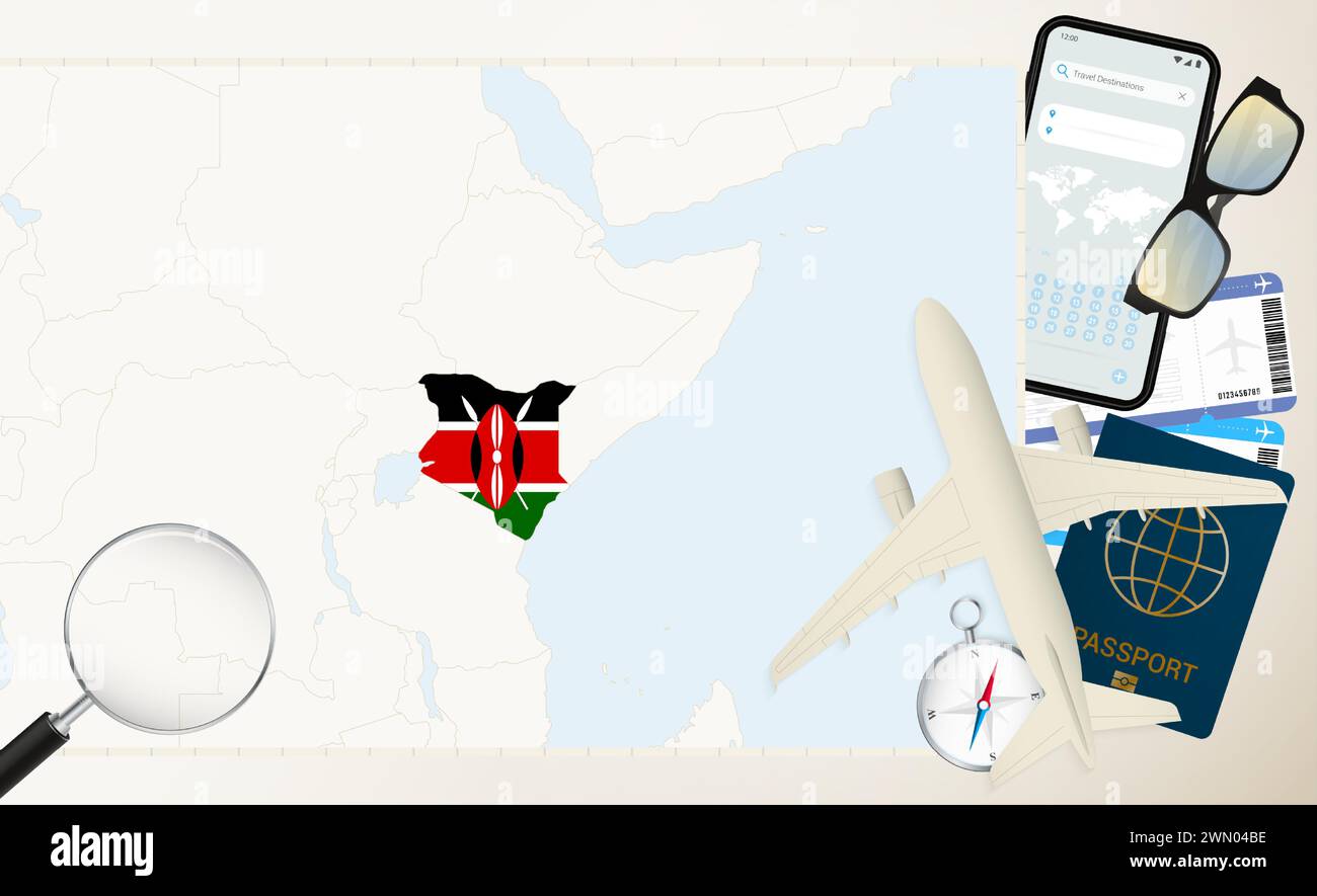 Kenya map and flag, cargo plane on the detailed map of Kenya with flag, passport, magnifying glass and airplane. Vector template. Stock Vector