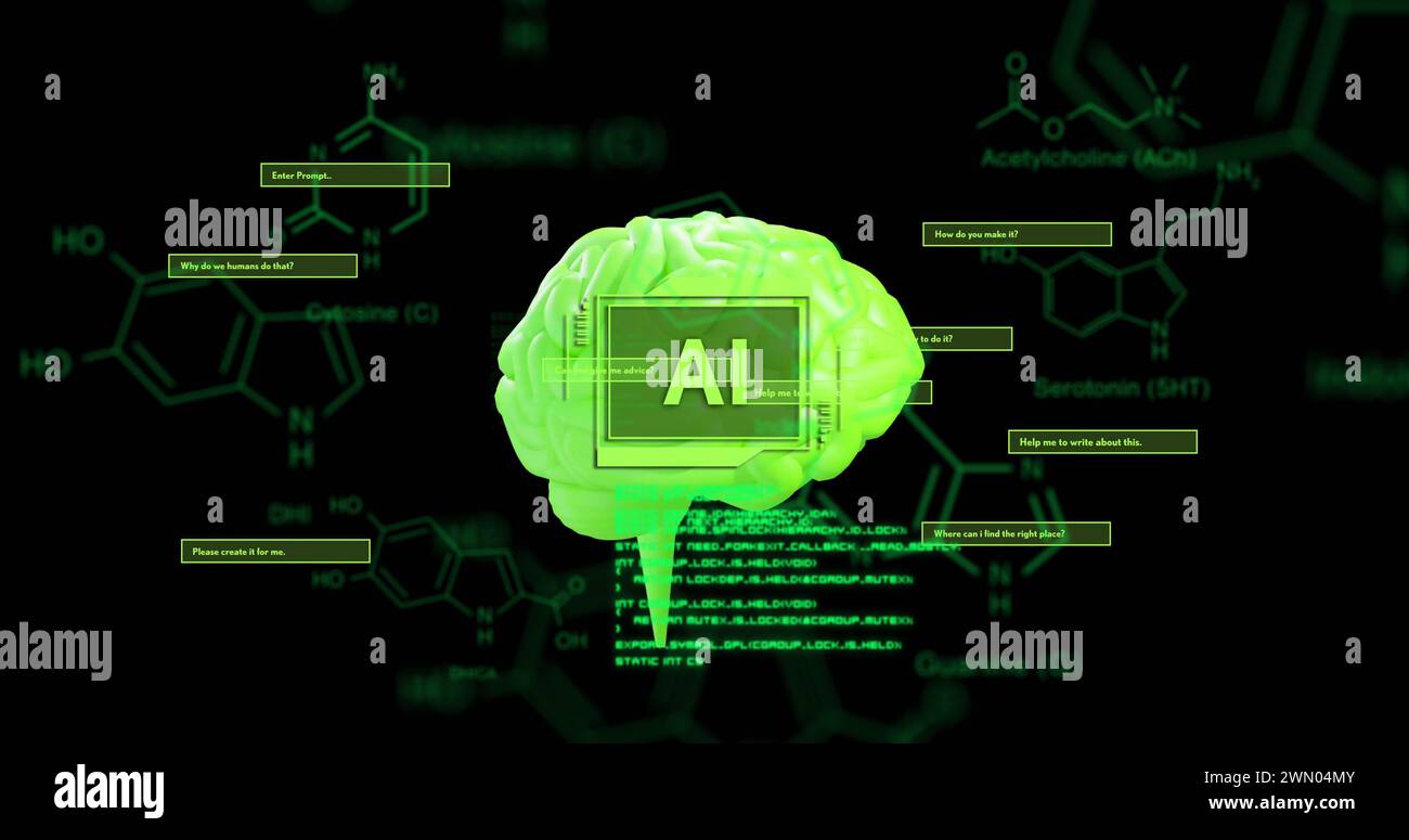 Image of ai text and brain with data processing over black background ...