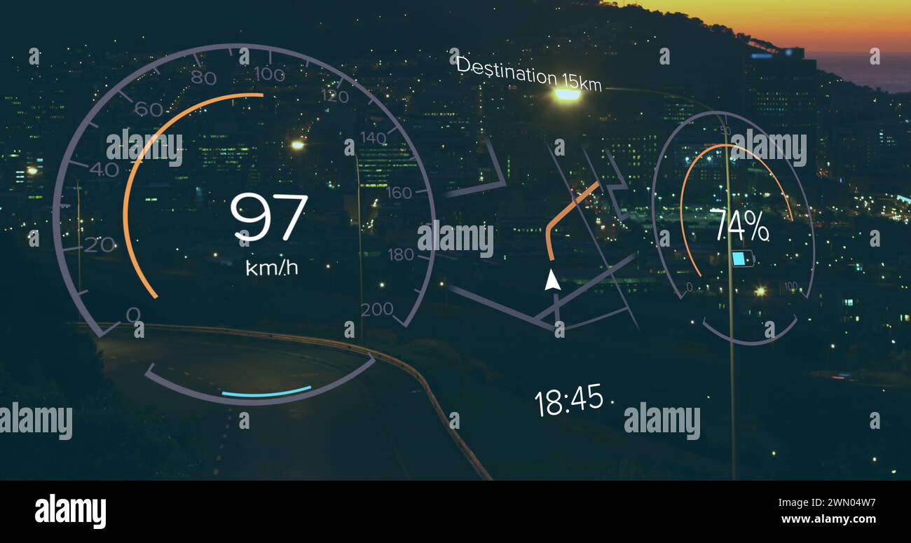 Image of electric car speedometer data processing over city Stock Photo