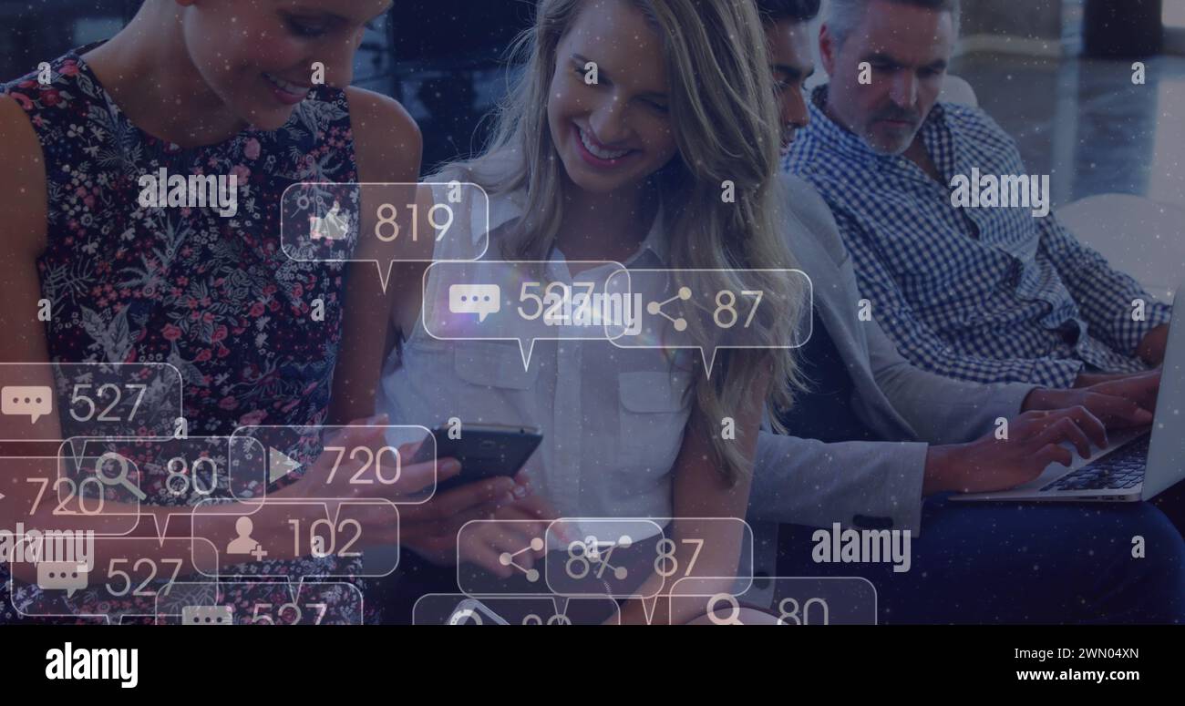 Image of social media icons with numbers over diverse people using ...