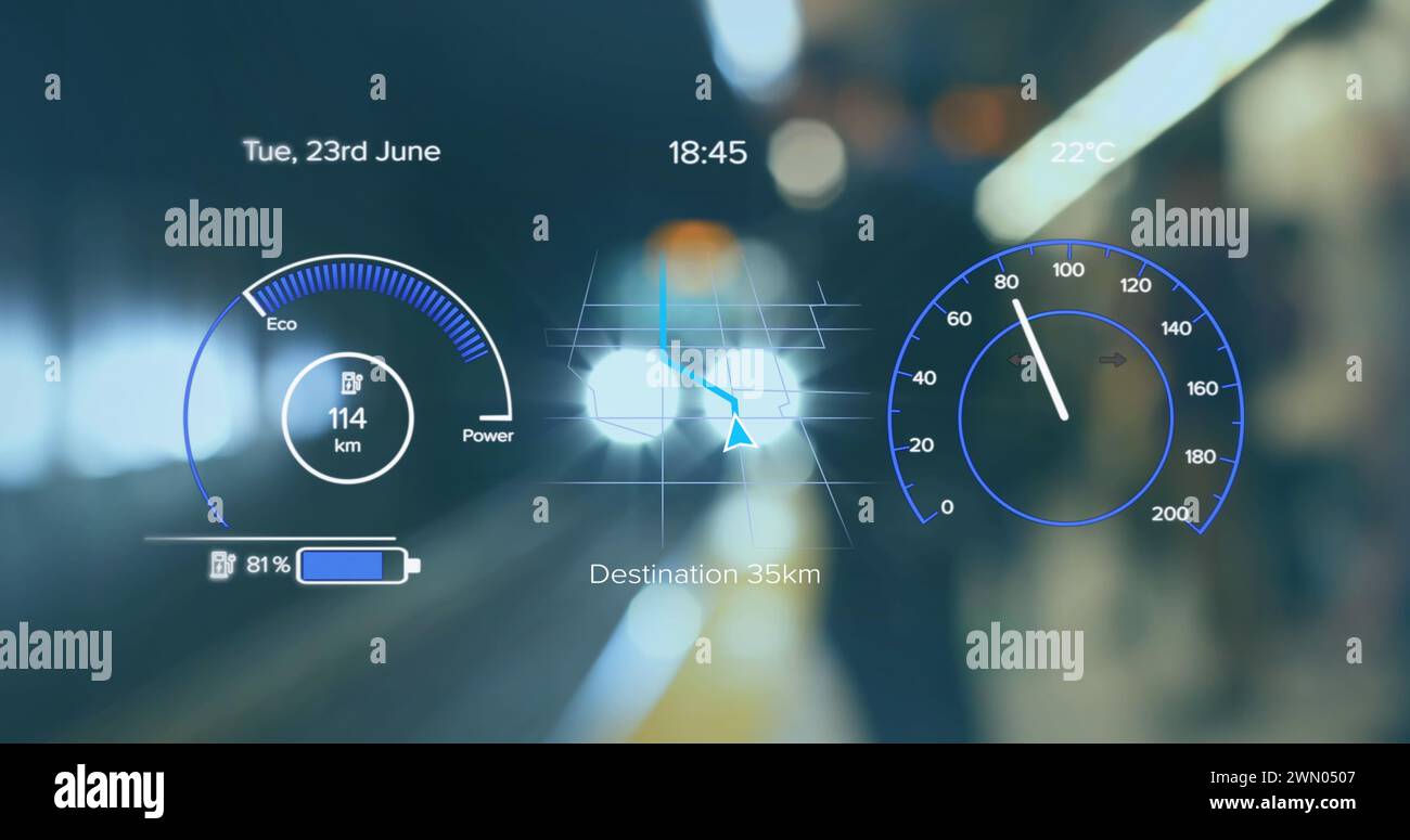 A digital interface with speedometer and energy icons on a blue ...