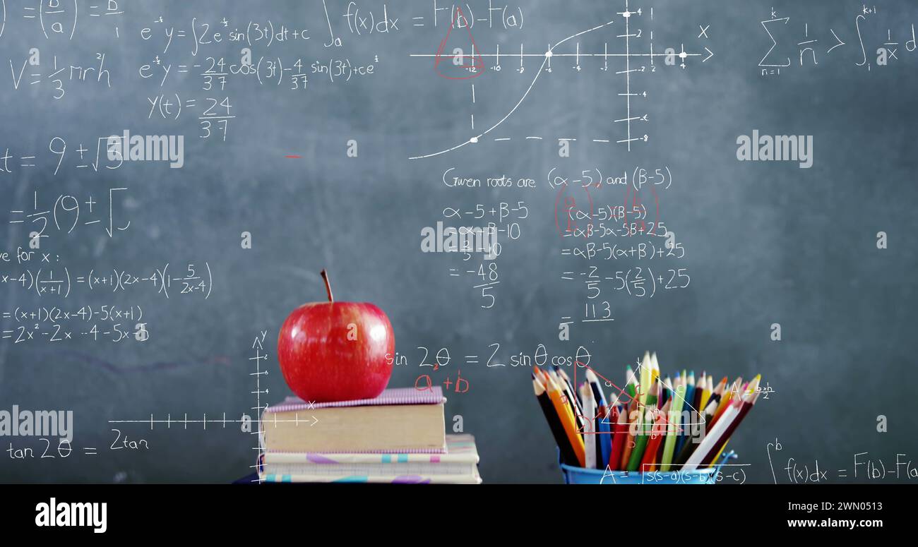 Digital image symbolizing back to school with equations, books, and pencils. Stock Photo