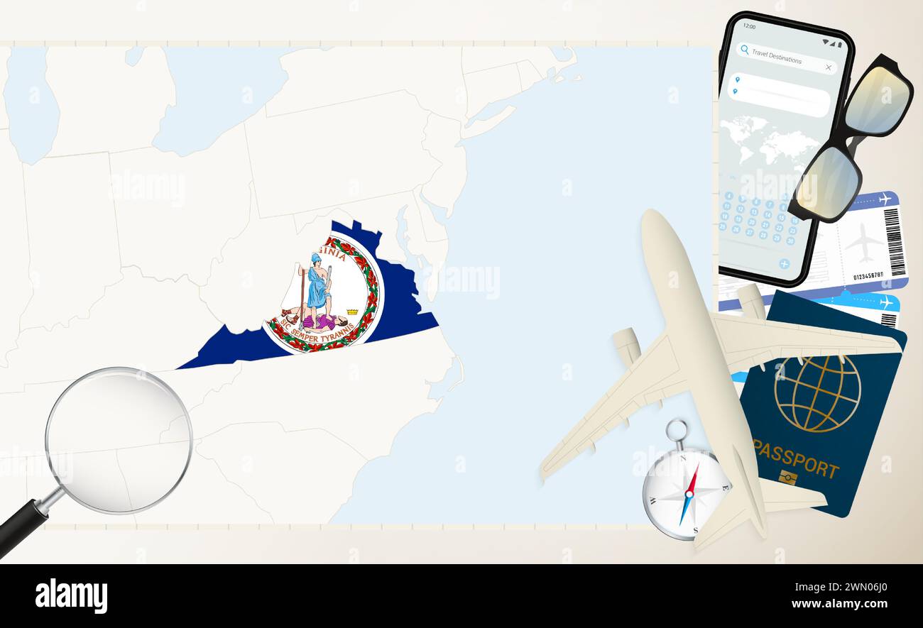 Virginia map and flag, cargo plane on the detailed map of Virginia with flag, passport, magnifying glass and airplane. Vector template. Stock Vector