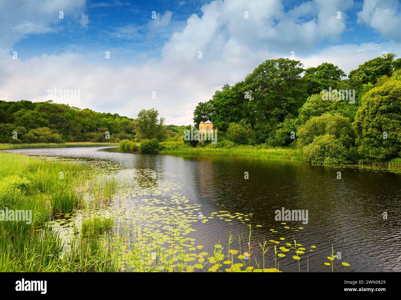 The little gazebo or summer house overlooking the lake on the estate of Crom Castle on Upper Lough Erne in County Fermanagh, Northern Ireland. Stock Photo