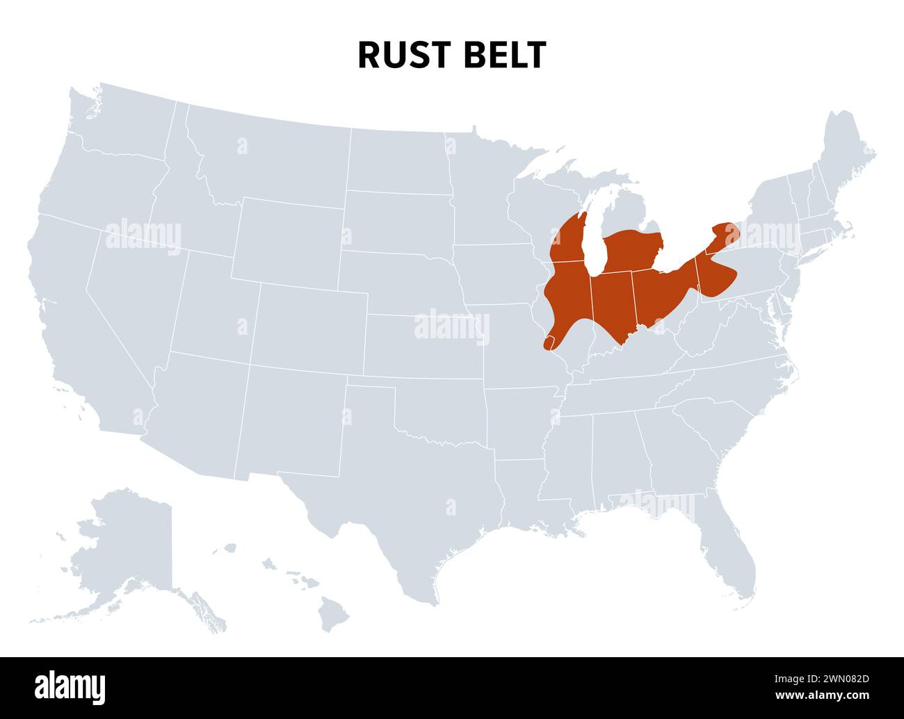 Rust Belt of the United States, political map. Region in the Northeastern and Midwestern United States, experiencing industrial and economic decline. Stock Photo