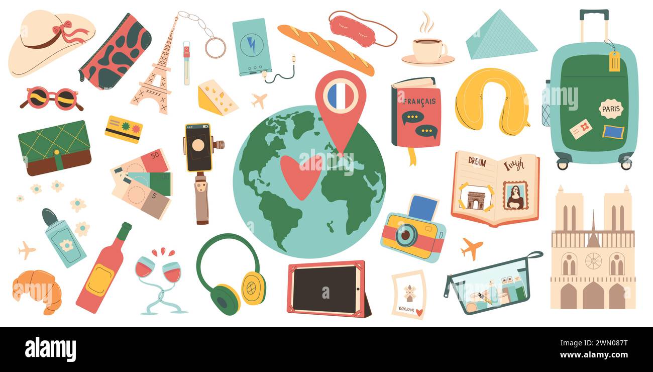Travel France vector flat set isolated on white background. Plan ...