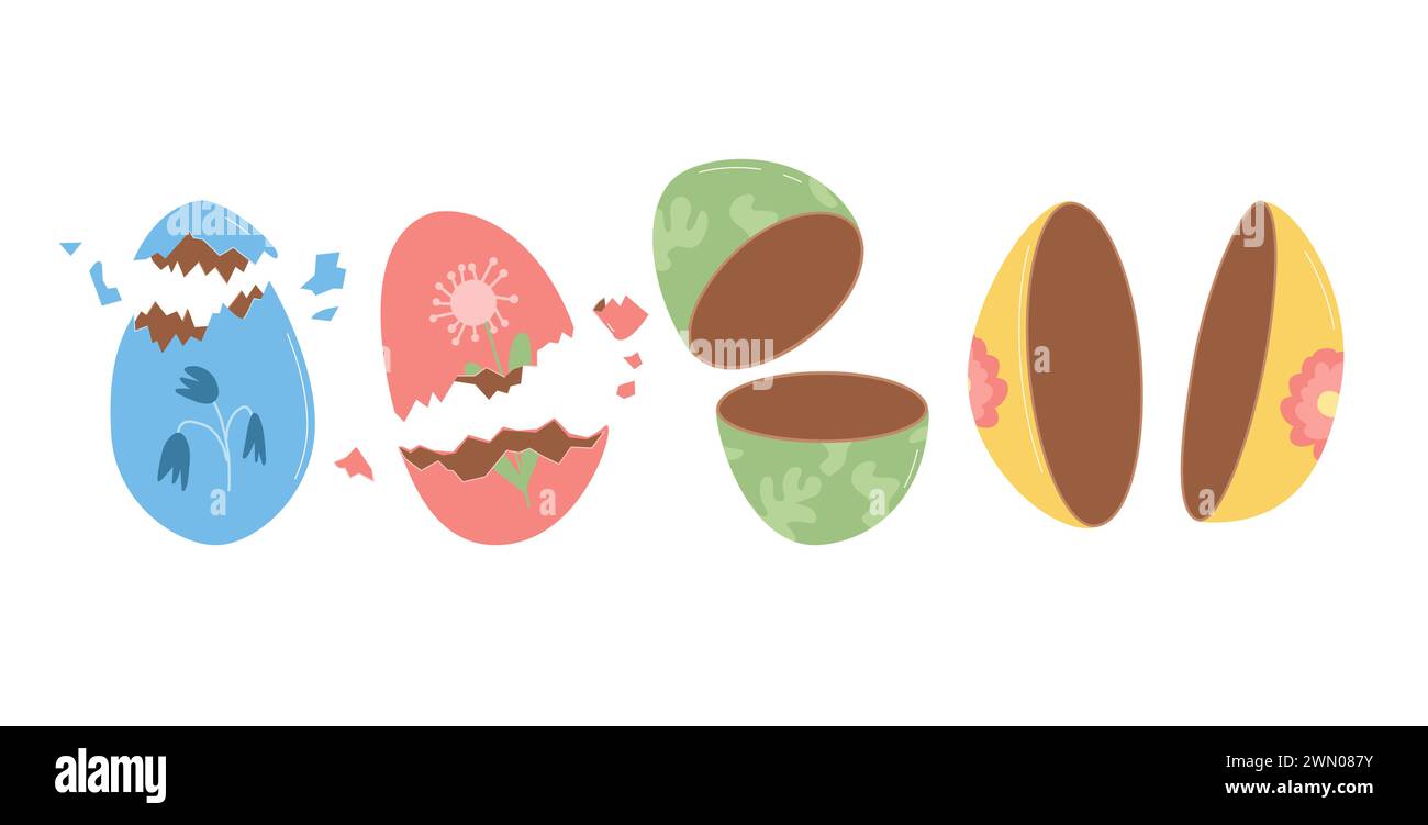 Broken chocolate Easter eggs set isolated on white background. Painted decoration elements. Cracked different holiday design elements. Vector flat ill Stock Vector