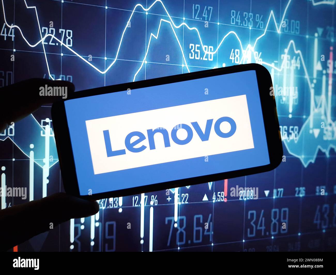 Konskie, Poland - February 24, 2024: Lenovo company logo displayed on mobile phone Stock Photo