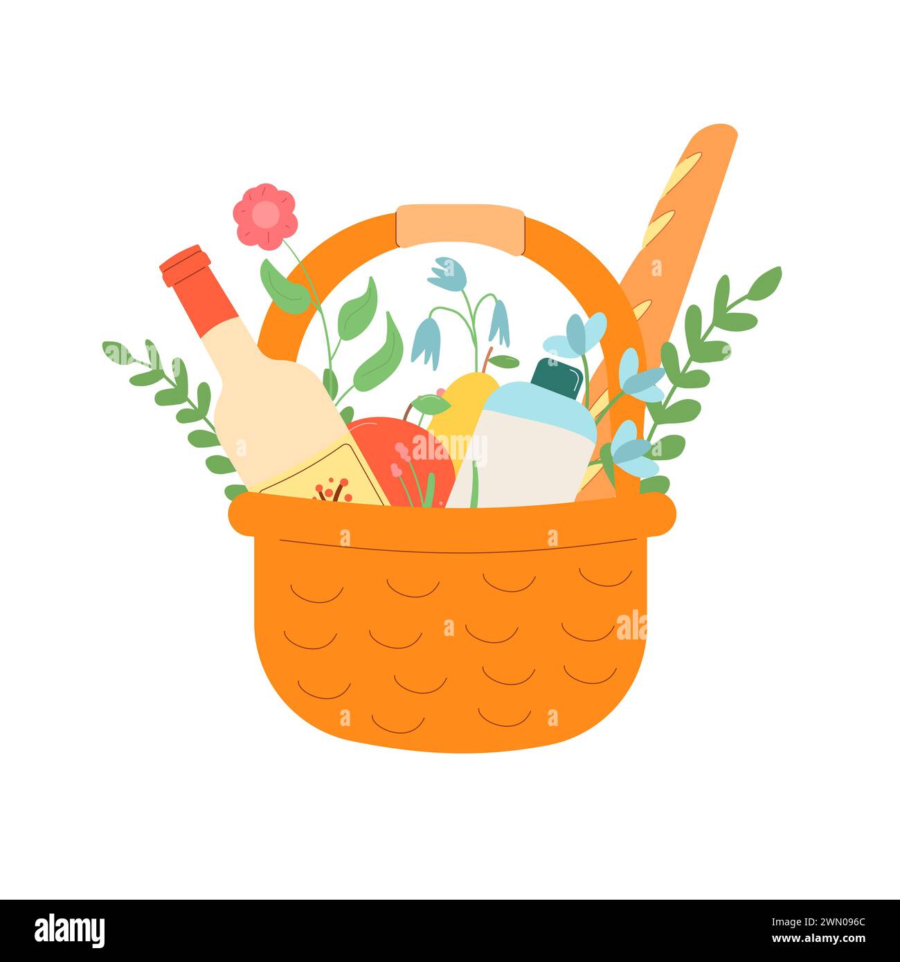 Picnic basket isolated on white background. Cookout food and wine ...