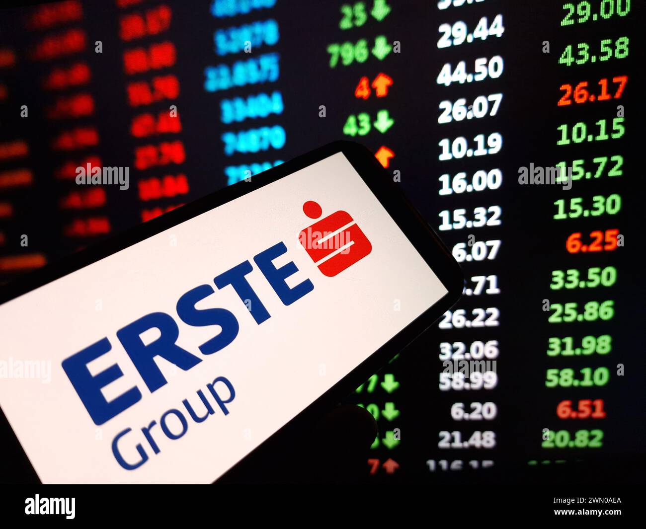 Konskie, Poland - February 24, 2024: Erste Group Bank company logo displayed on mobile phone Stock Photo
