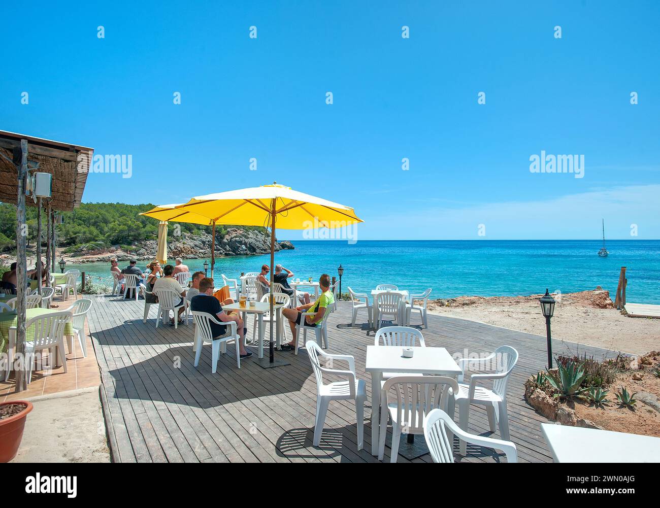 Bar Terrace at Cala Nova Beach, Es Cana, Ibiza, Balearics, Spain Stock Photo