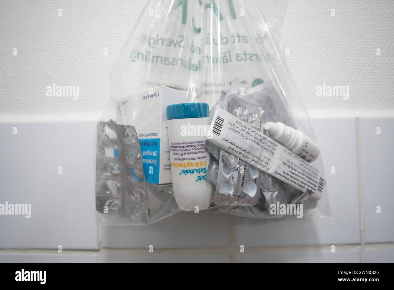 Bag of medicines that are too old. going for destruction at the pharmacy Stock Photo
