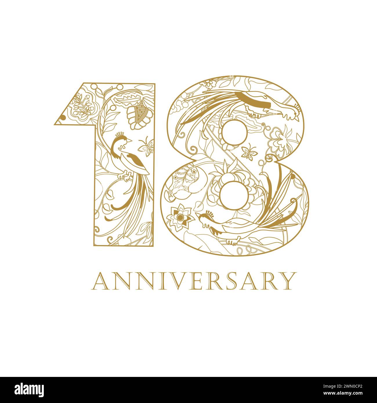 18th anniversary creative icon. Floral design. Calendar number concept. Ethnic pattern. Gold color. 1 and 8 with vintage background. 18 years old sign Stock Vector