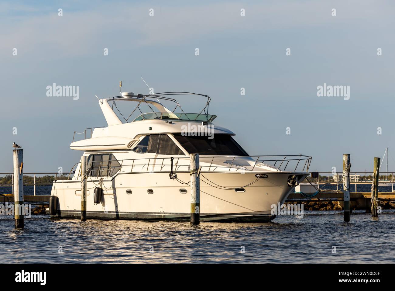 Luxury yacht motorboat moored at marina dock. Leisure boat docked at ocean harbor pier. Stock Photo