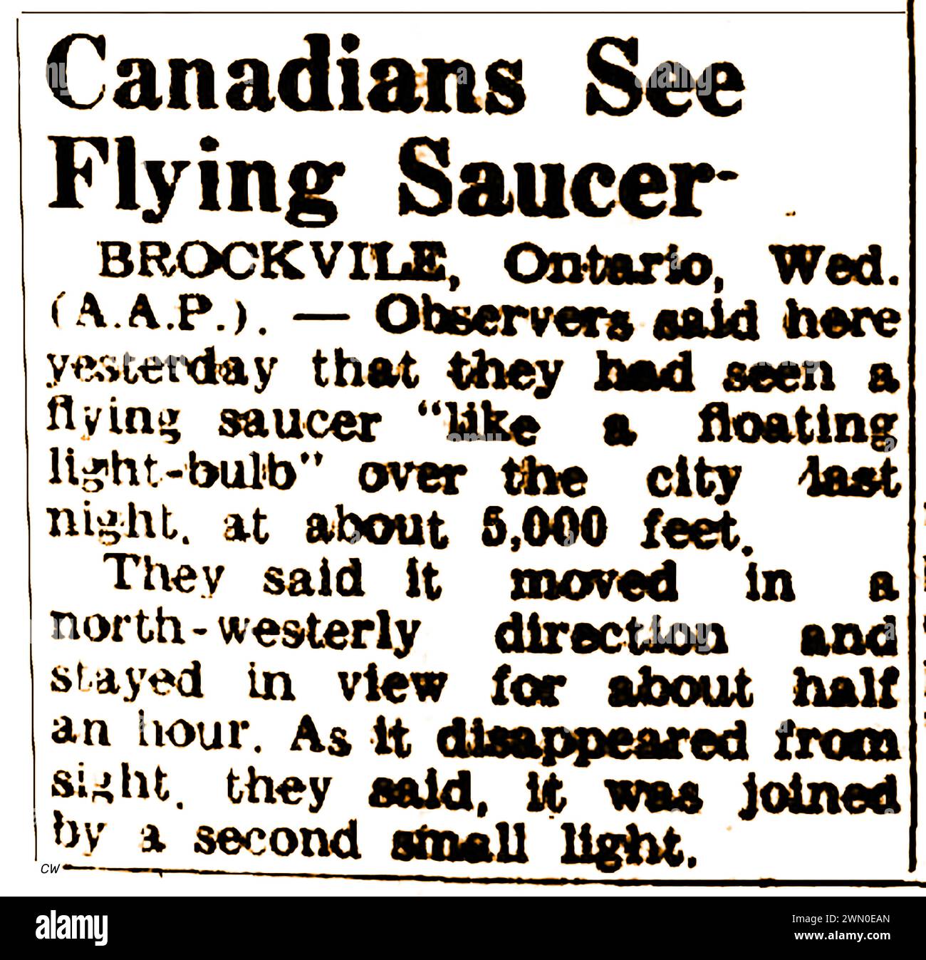 10 July 1952 press cutting- UFOs Brockville, Ontario, Canada Stock Photo