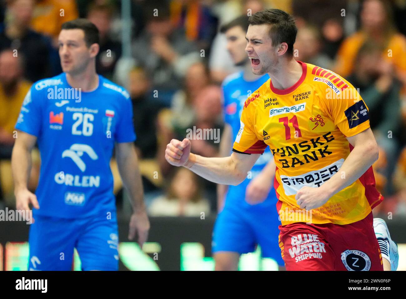 Alexandre Christoffersen Blonz of GOG (71) reacts during the EHF Champions League group stage match against Orlen Wisla Plock in Odense on Wednesday, February 28, 2024. Stock Photo