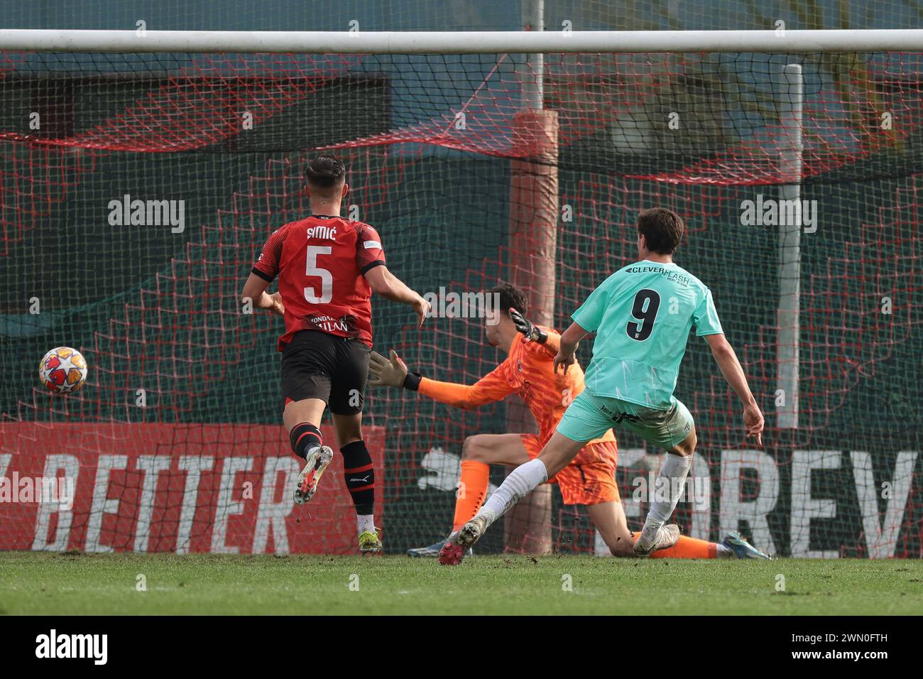 Milan, Italy. 28th Feb, 2024. Dinis Rodrigues of SC Braga scores to level the game at 1-1 during the UEFA Youth League match at Centro Sportivo Vismara, Milan. Picture credit should read: Jonathan Moscrop/Sportimage Credit: Sportimage Ltd/Alamy Live News Stock Photo