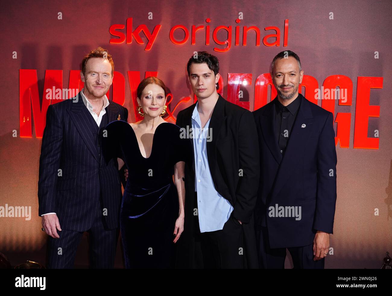 (left to right) Tony Curran, Julianne Moore, Nicholas Galitzine and Oliver Hermanu arrive for the UK premiere of Sky Original's Mary and George at Banqueting House in Whitehall, London. Picture date: Wednesday February 28, 2024. Stock Photo