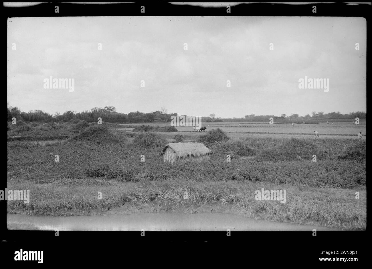 Field with grave mound? and people working in background. Field with ...