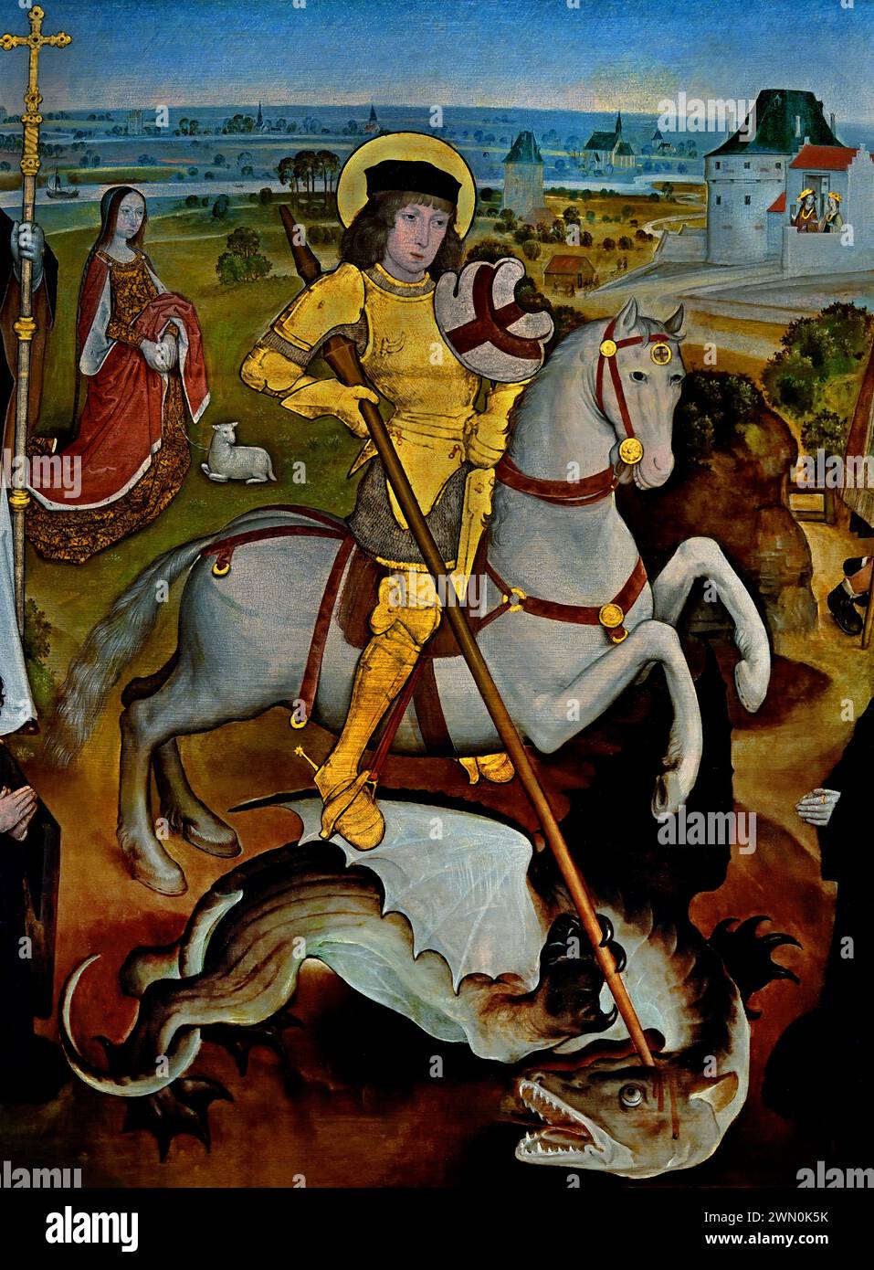 St. George and the Dragon, in a suit of golden armour and seated on a grey horse by The Members of the Guild of the Old Crossbow of Mechelen Meester van de Mechelse Sint-Jorisgilde  Royal Museum of Fine Arts,  Antwerp, Belgium, Belgian  ( Saint George, in a suit of golden armour and seated on a grey horse, is slaying a dragon in the centre of this painting.  heroic deed saved the Stock Photo